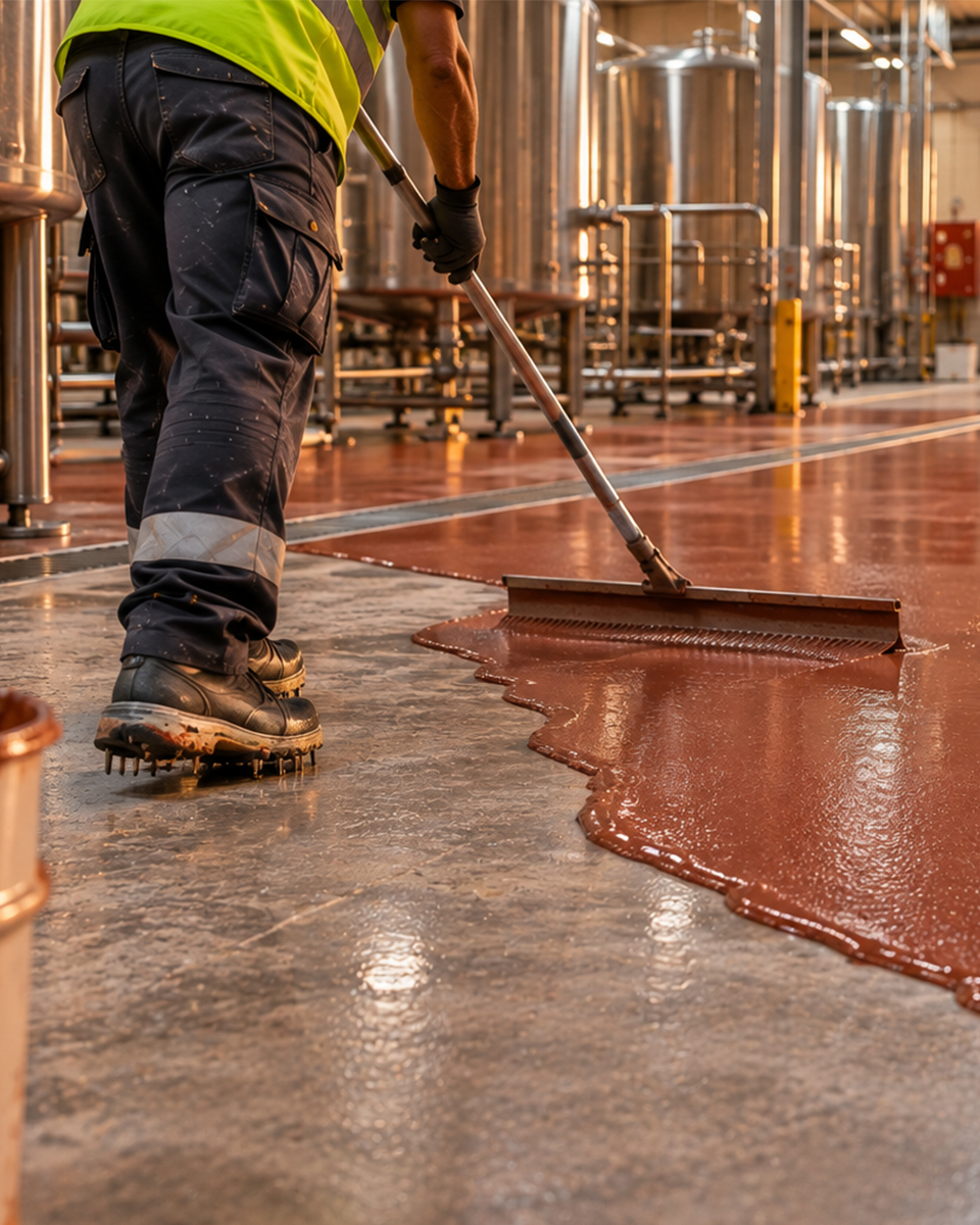 Çalışan, tank bulunan üretim alanında zemine kırmızı poliüretan beton kaplamayı çekmeceyle yayıyor
