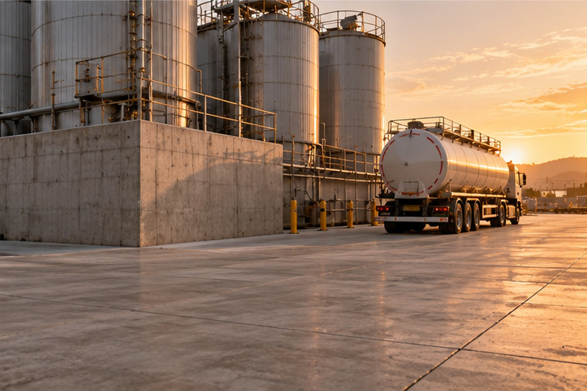 Kimyasal depolama tanklarının yanında, düz beton zeminde duran sıvı taşıyıcı tanker
