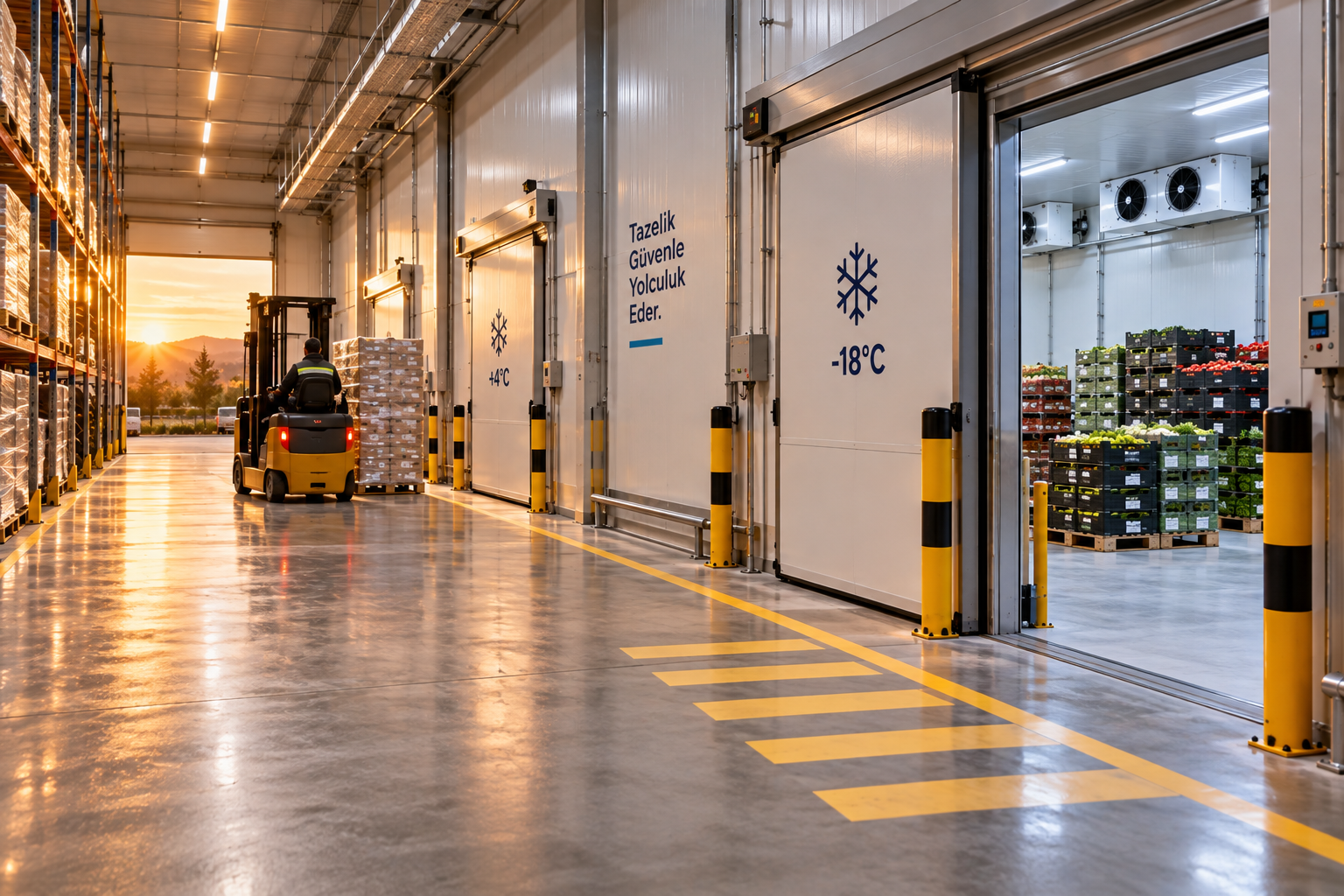 Soğuk depo kapıları önünde parlak zemin ve sarı yol çizgileri; forklift paletli ürün taşıyor