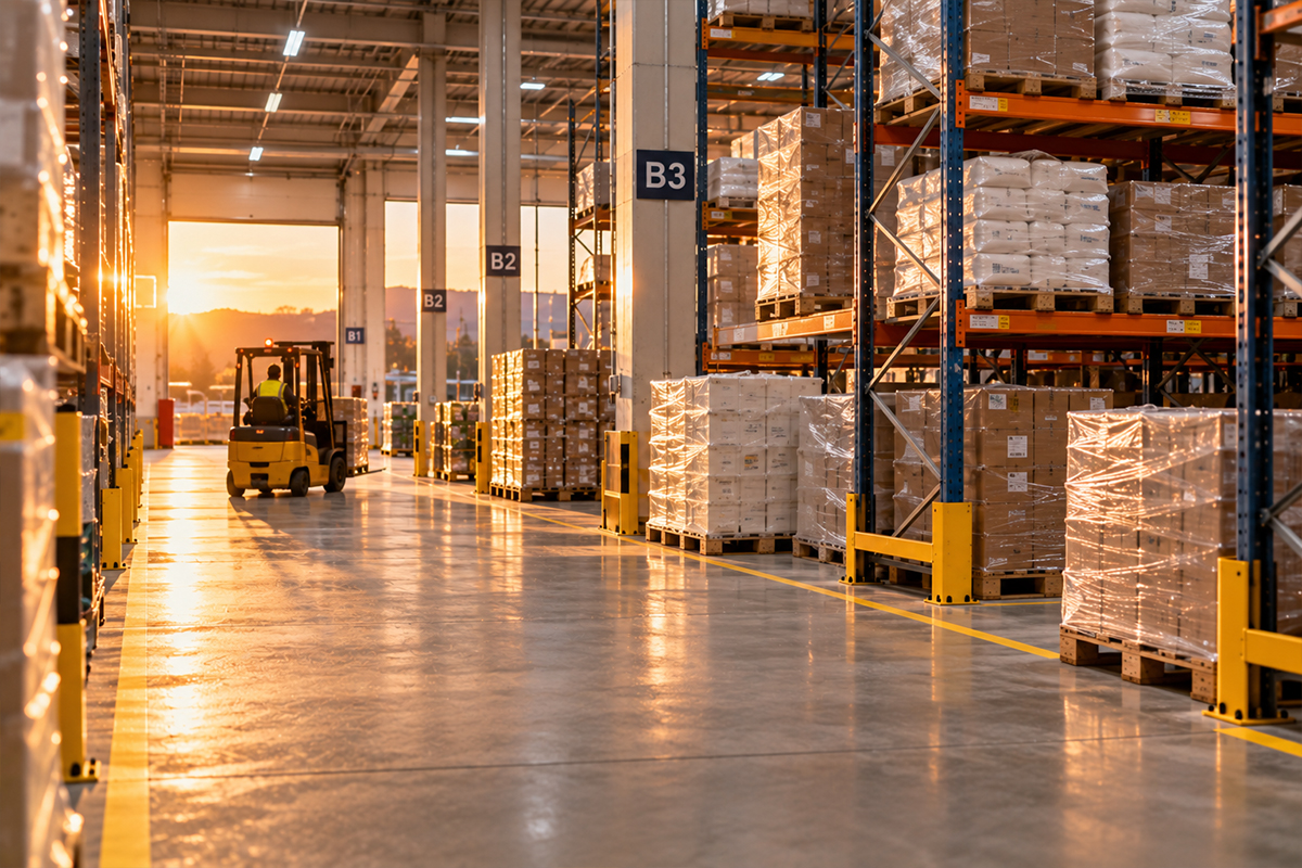 Depo koridorunda sarı yol çizgisi ve raflarda paletli ürünler; arka planda gün batımı ışığında forklift ilerliyor