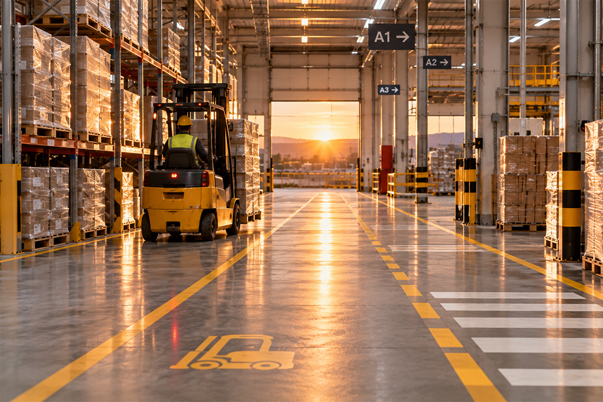 Depoda raflar arasında sarı çizgili epoksi zeminde ilerleyen forklift, zemin üzerinde forklift işareti ve yaya geçidi çizgileri