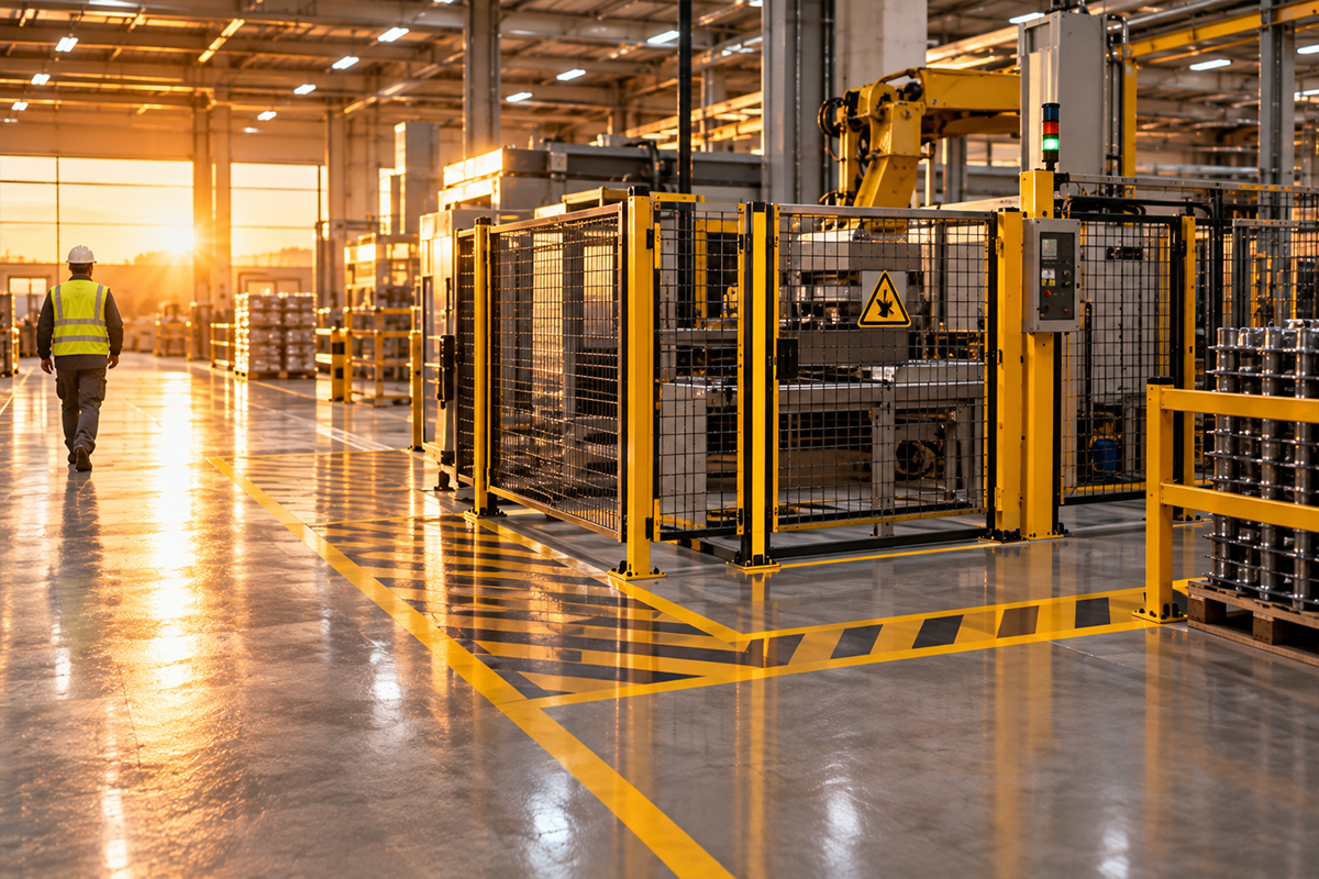 Fabrika zemininde sarı-siyah taramalı uyarı alanı ve sarı çizgiler yapılmış