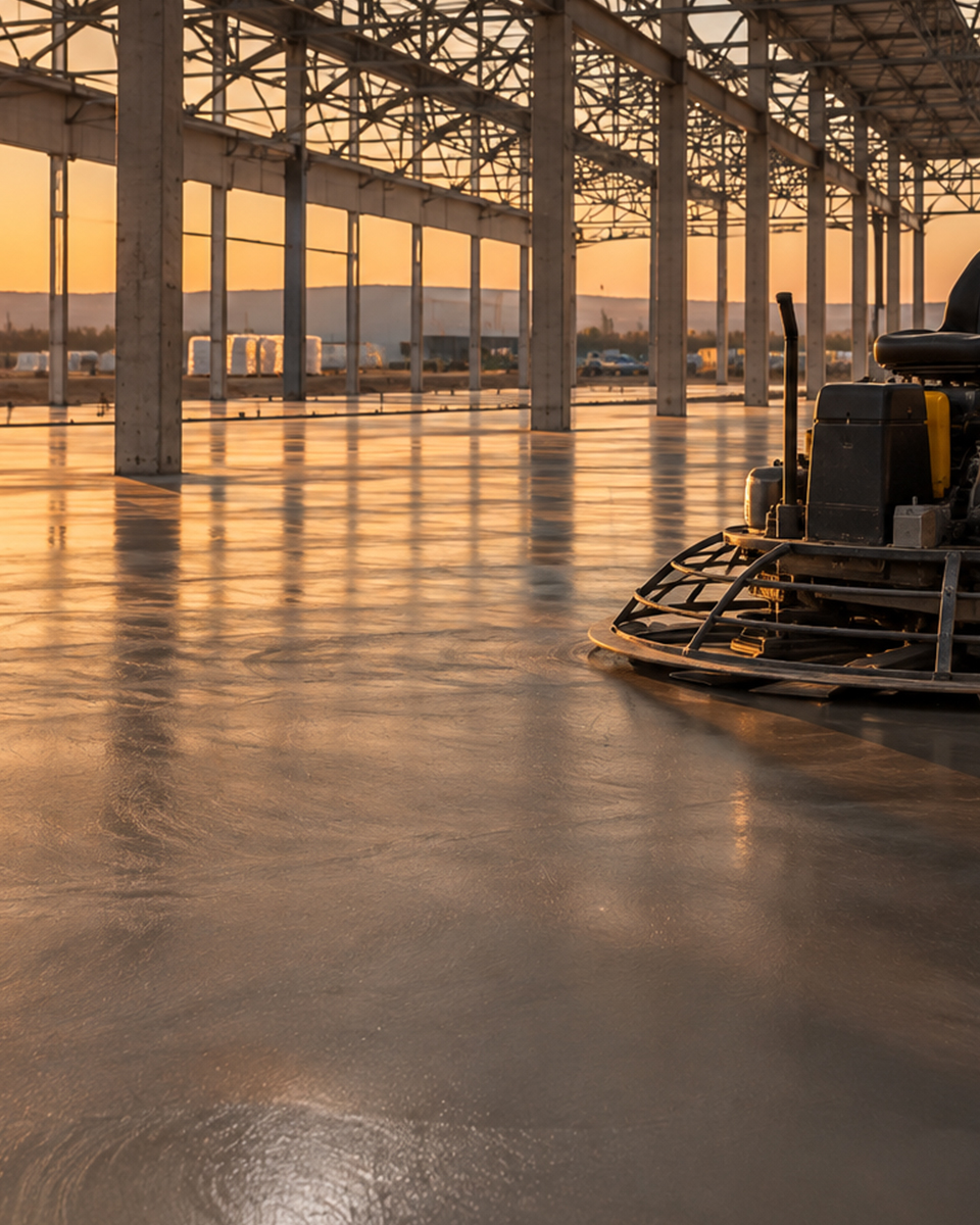 Çelik karkaslı fabrika binasında taze beton zeminin üzerinde çalışan helikopterli perdah makinesi