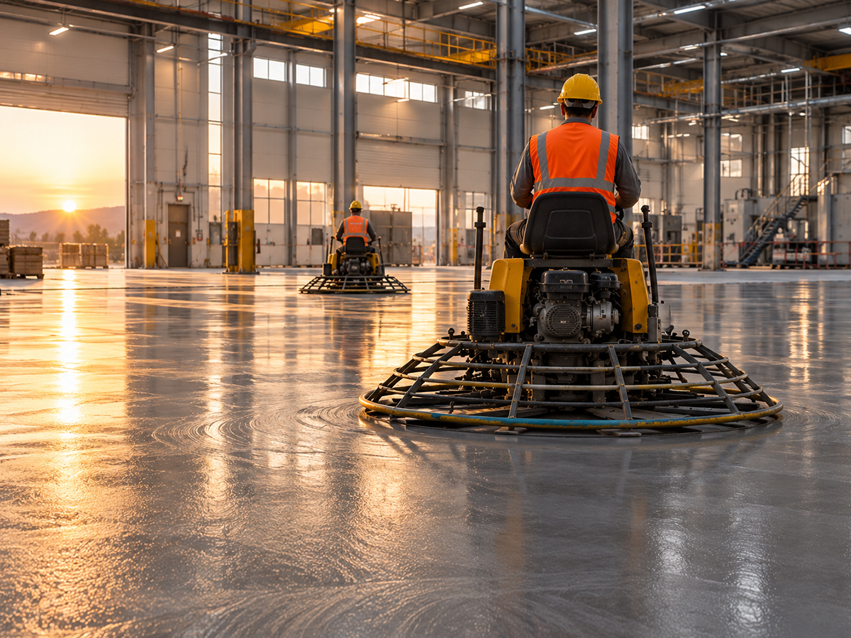 Fabrika içinde iki işçi helikopter perdah makineleriyle taze beton zemini perdahlıyor