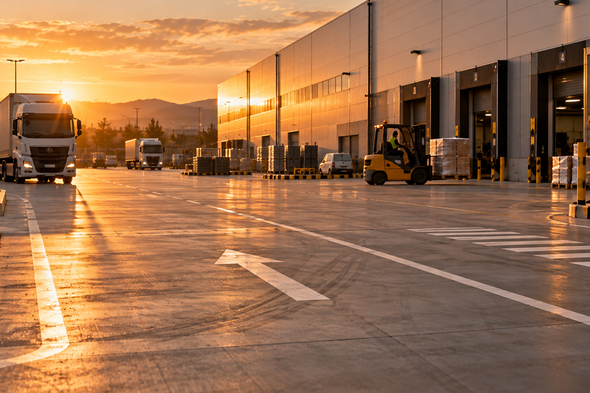 Fabrika deposunun yükleme kapıları önünde forklift ve tırların kullandığı perdahlı beton saha