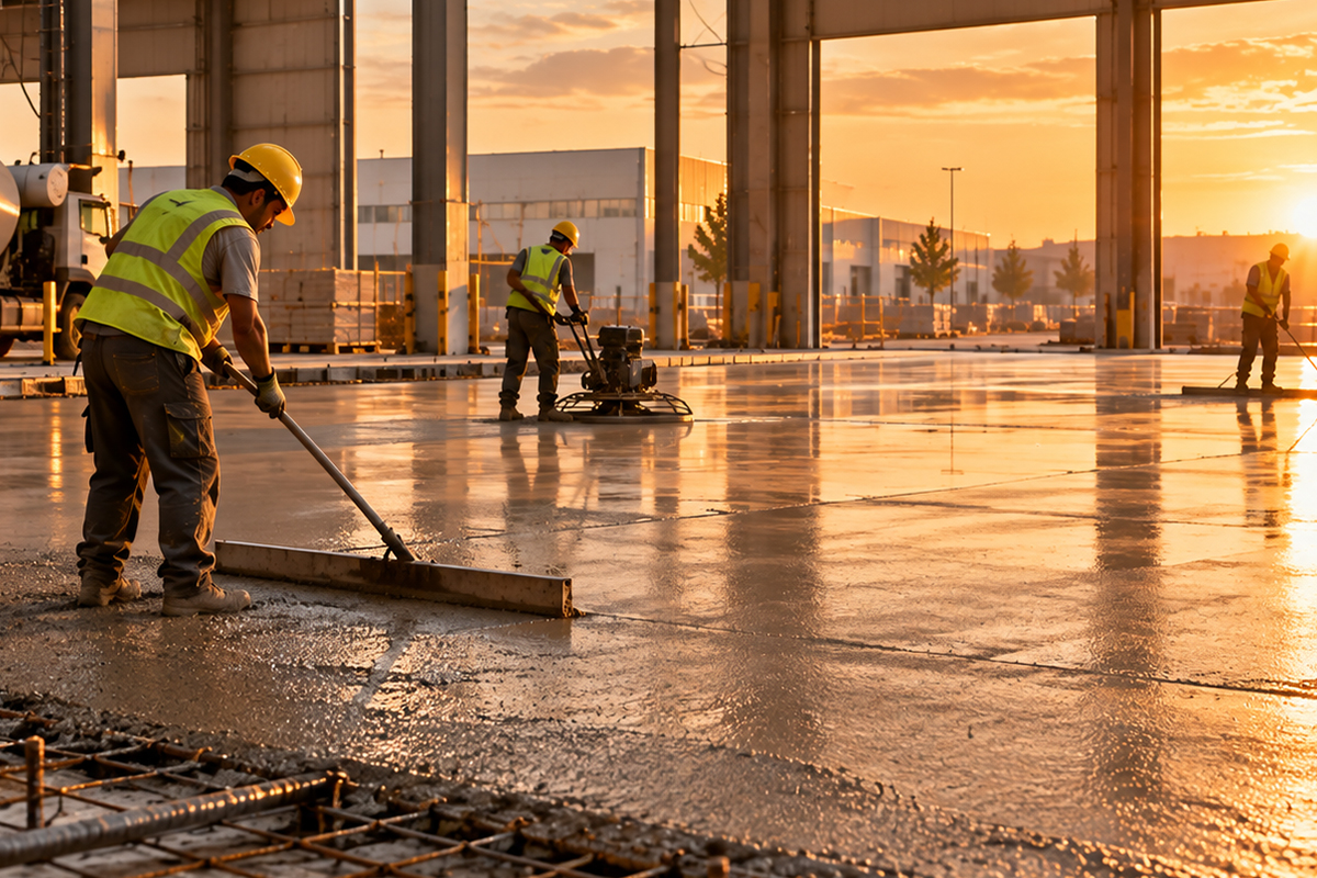 İşçiler fabrika sahasında taze beton zemini çekçekle düzeltiyor, arkada helikopter makinesiyle perdah yapılıyor