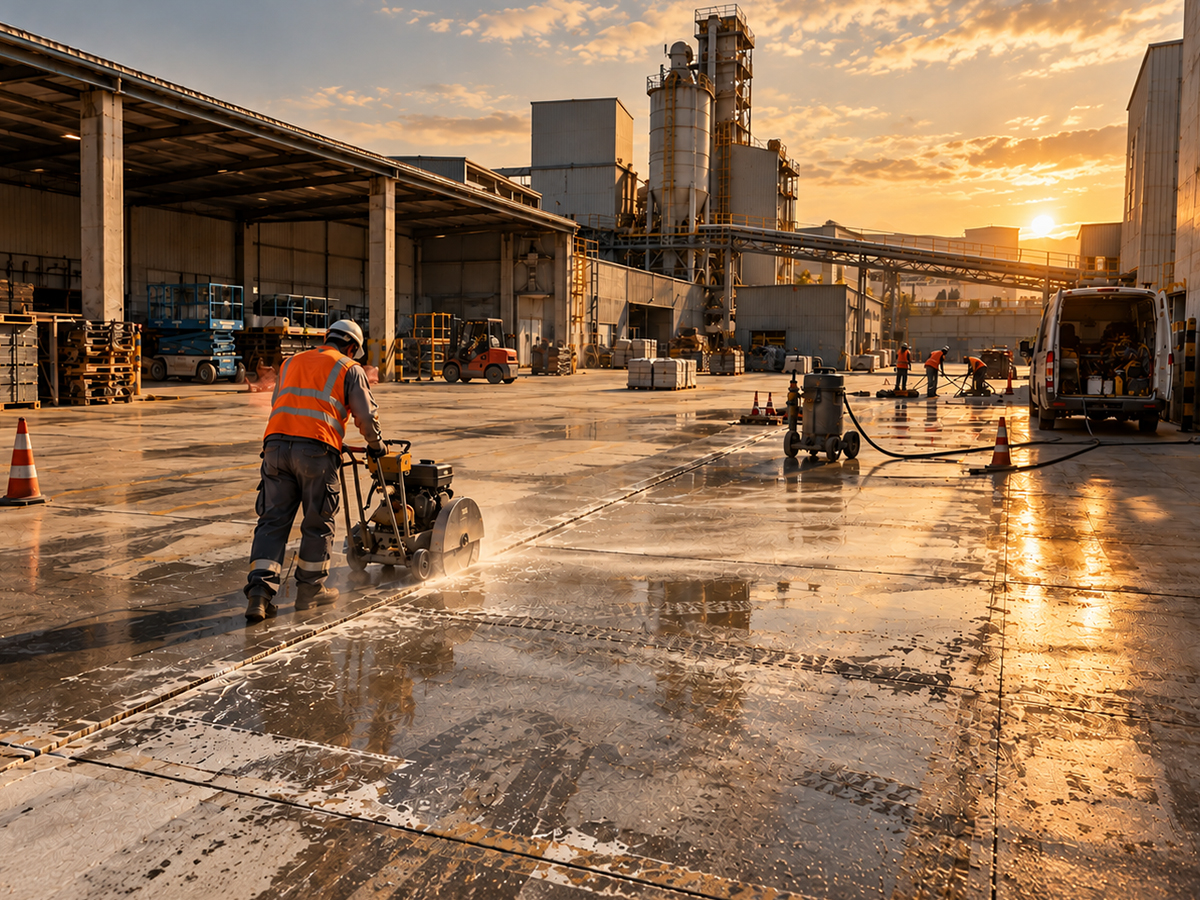 Fabrika sahasında gün batımında, işçi yaş beton zemini kesme makinesiyle kesiyor; arkada diğer işçiler ve endüstriyel tesis var