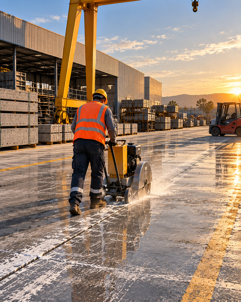 Turuncu yelekli işçi, depo sahasındaki beton zemini yürüyen tip kesme makinesiyle suyla keserek derz açıyor