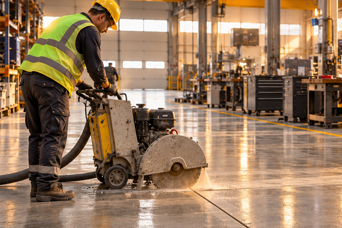 fabrika depo bölümünde beton kesme uygulaması