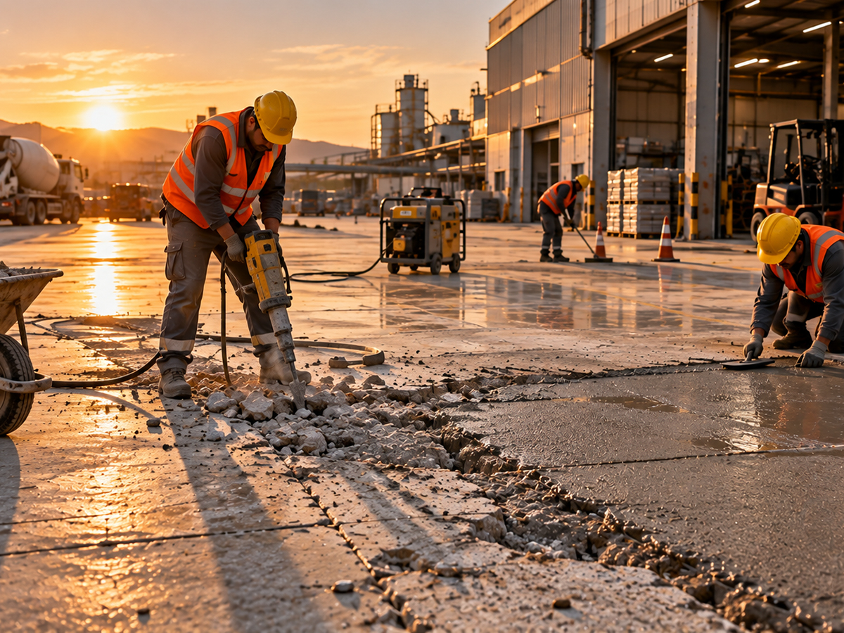İşçiler fabrika sahasında kırıcı hilti ile hasarlı beton zemini söküyor, yanlarında onarılmış zemin alanı var