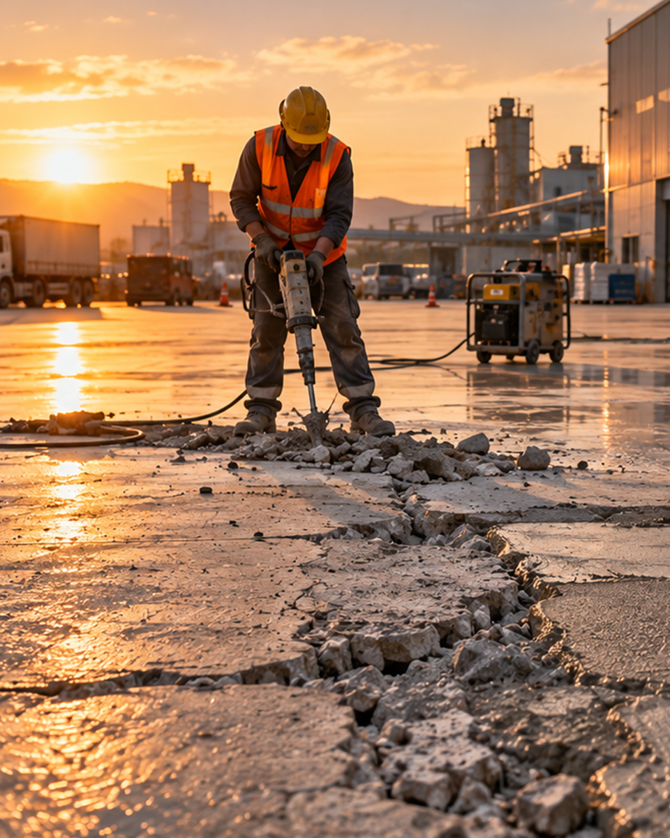 Baret ve yelekli işçi, çatlayıp kırılmış beton sahada kırıcı kaziyici ile hasarlı betonu söküyor.