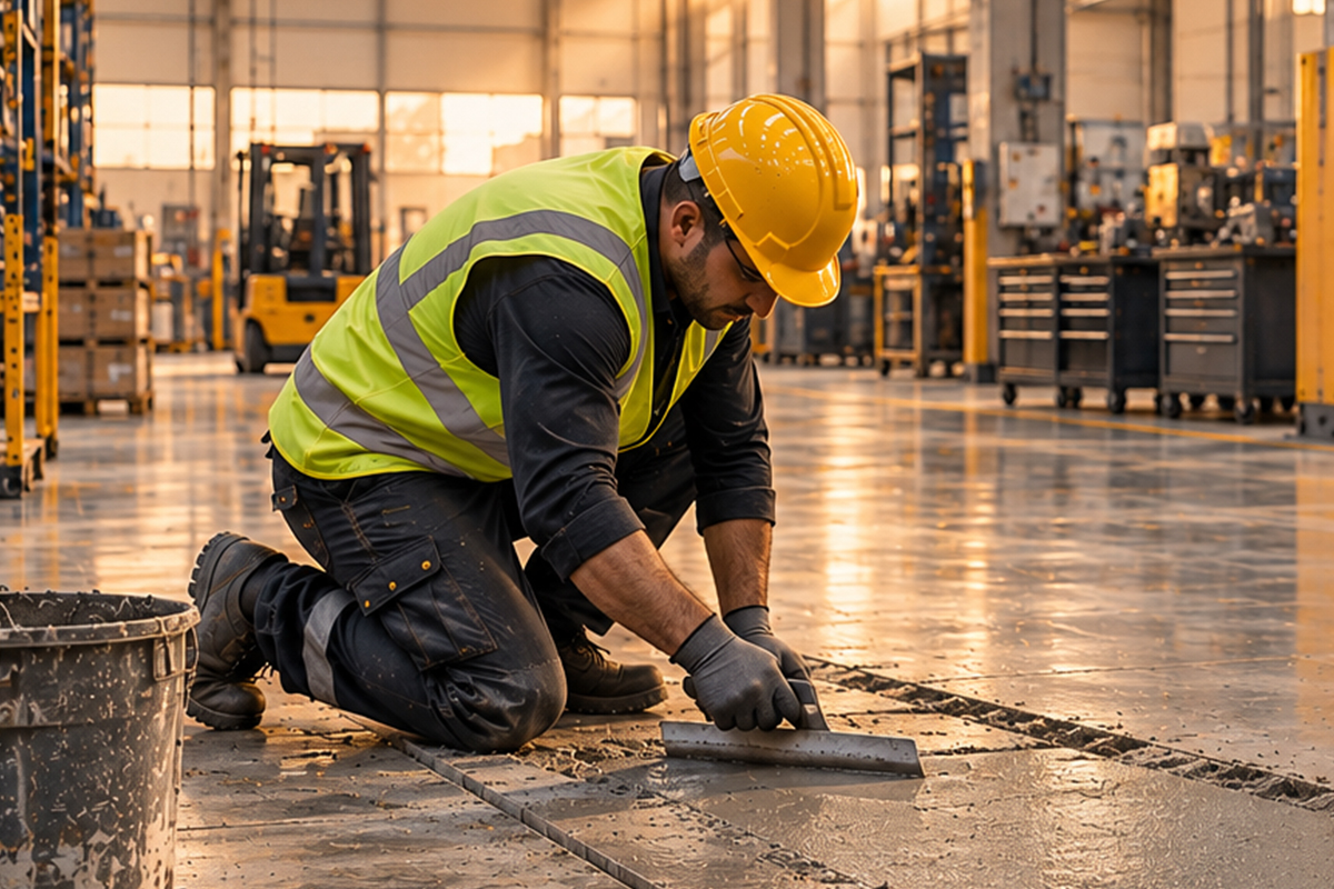 Fabrika hollerinde baret ve yelekli işçi, derz kenarındaki beton zemini mala ile onarıyor