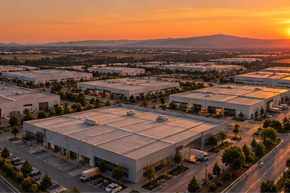 Organize sanayi bölgesinde yan yana sıralanmış fabrika ve depo tesislerinin kuşbakışı görünümü