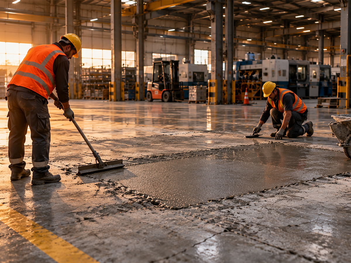 Fabrika zemininde iki işçi, hasarlı beton bölgeye onarım harcı serip düzeltiyor