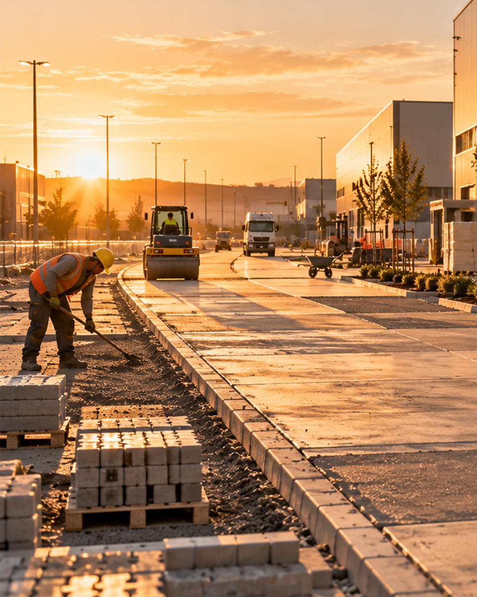 Fabrika dış alanında işçi kilitli parke taşı döşenecek zemini hazırlıyor, arkada yol silindiri çalışıyor