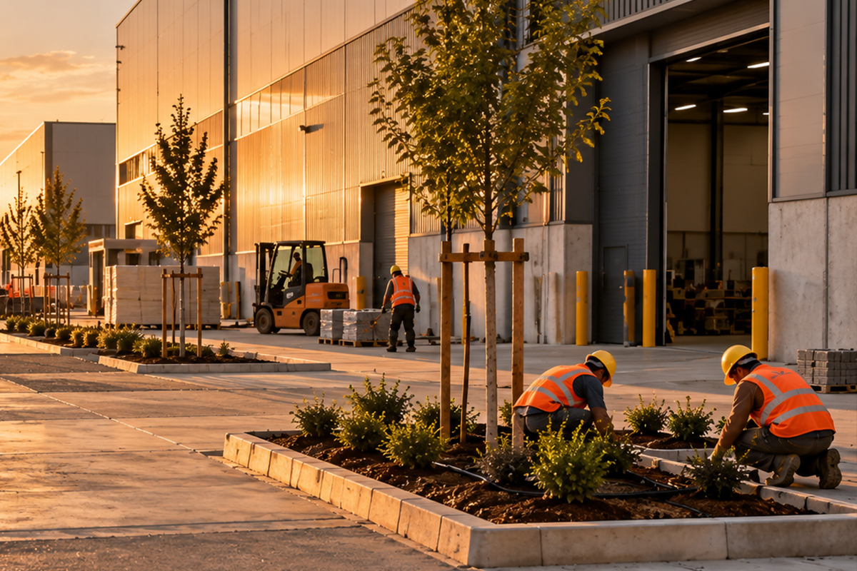 Fabrika girişinde bordürle çevrili bitki yatağında çalışan iki işçi, arkada forklift ve palet üzerinde kaplama malzemesi