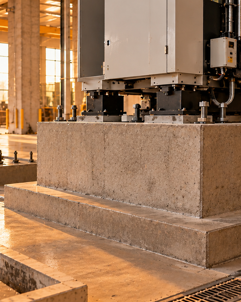 Endüstriyel bir makinenin ankraj cıvatalı beton temel ve kaide üzerinde durduğu fabrika içi görünüm