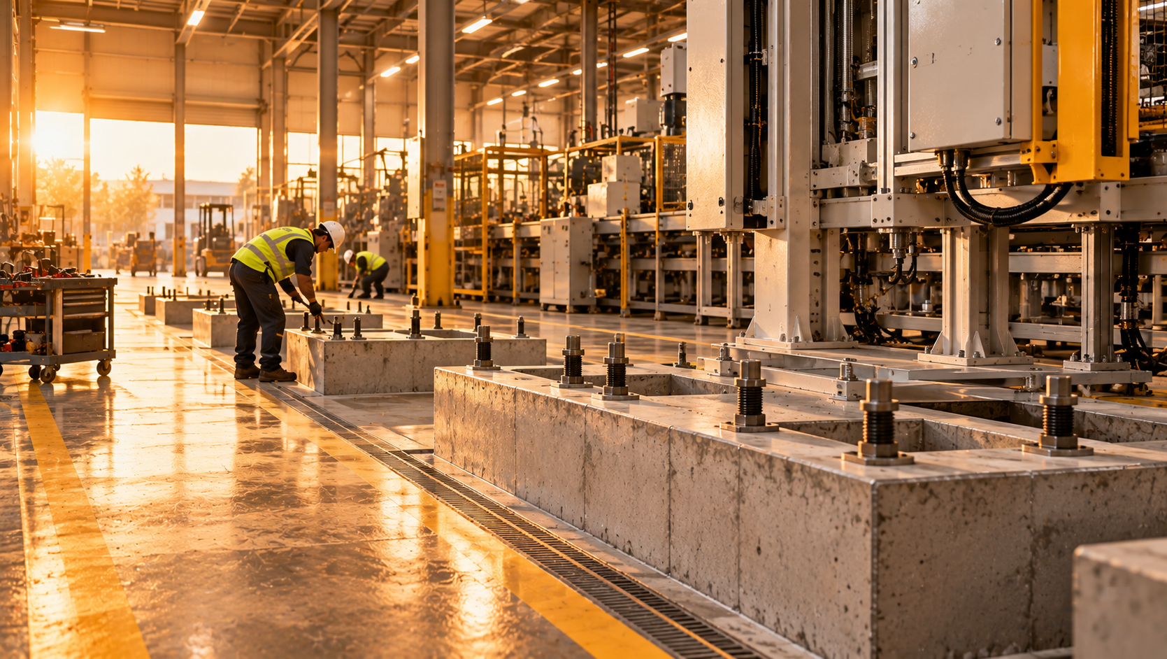 Fabrika içinde pres yerleşim alanında ankraj cıvataları çıkan beton makine kaideleri ve çalışan bir işçi
