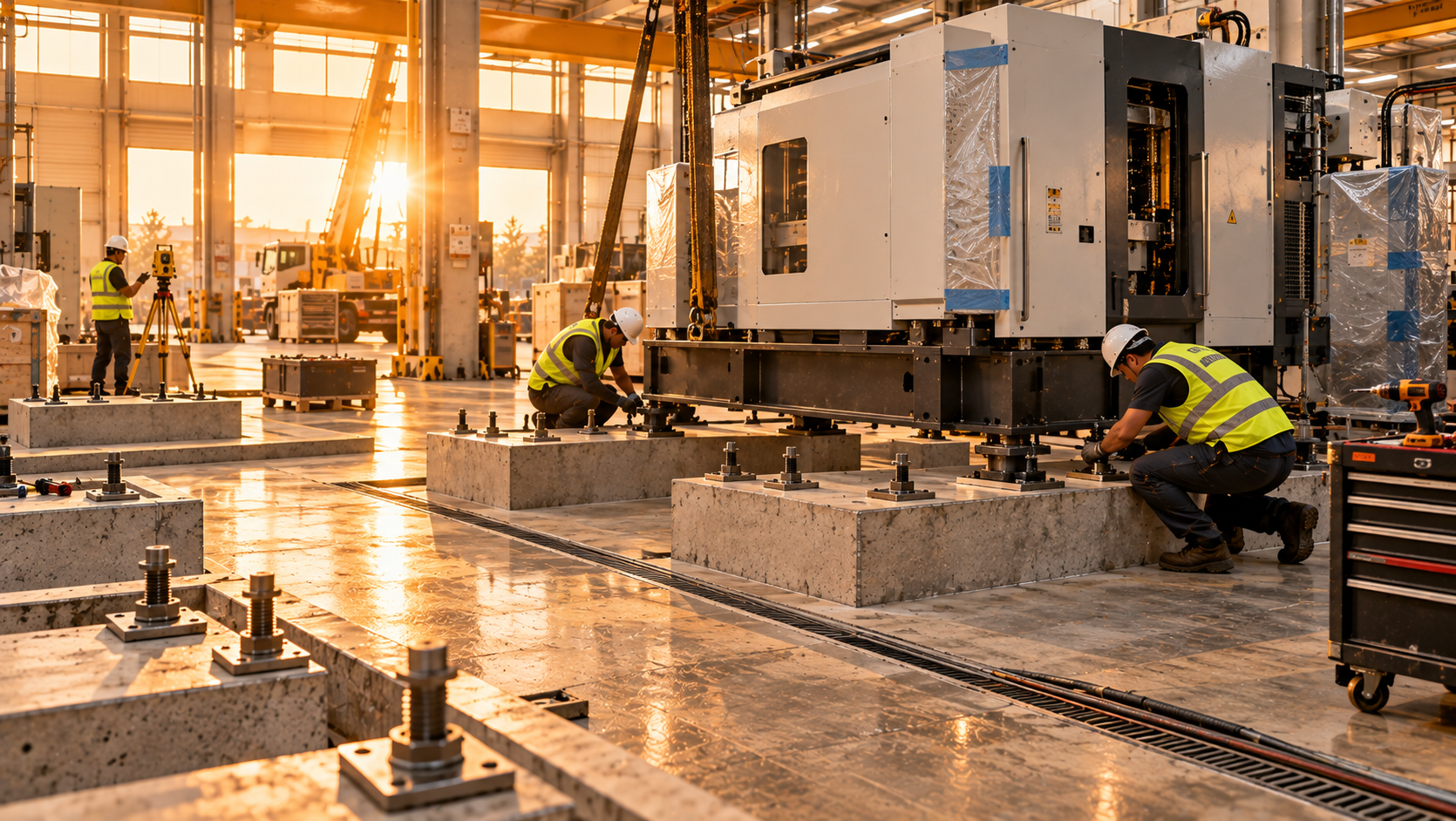 Fabrikada beton kaideler üzerine ankraj cıvatalarıyla yerleştirilen endüstriyel makine ve çalışan iki işçi