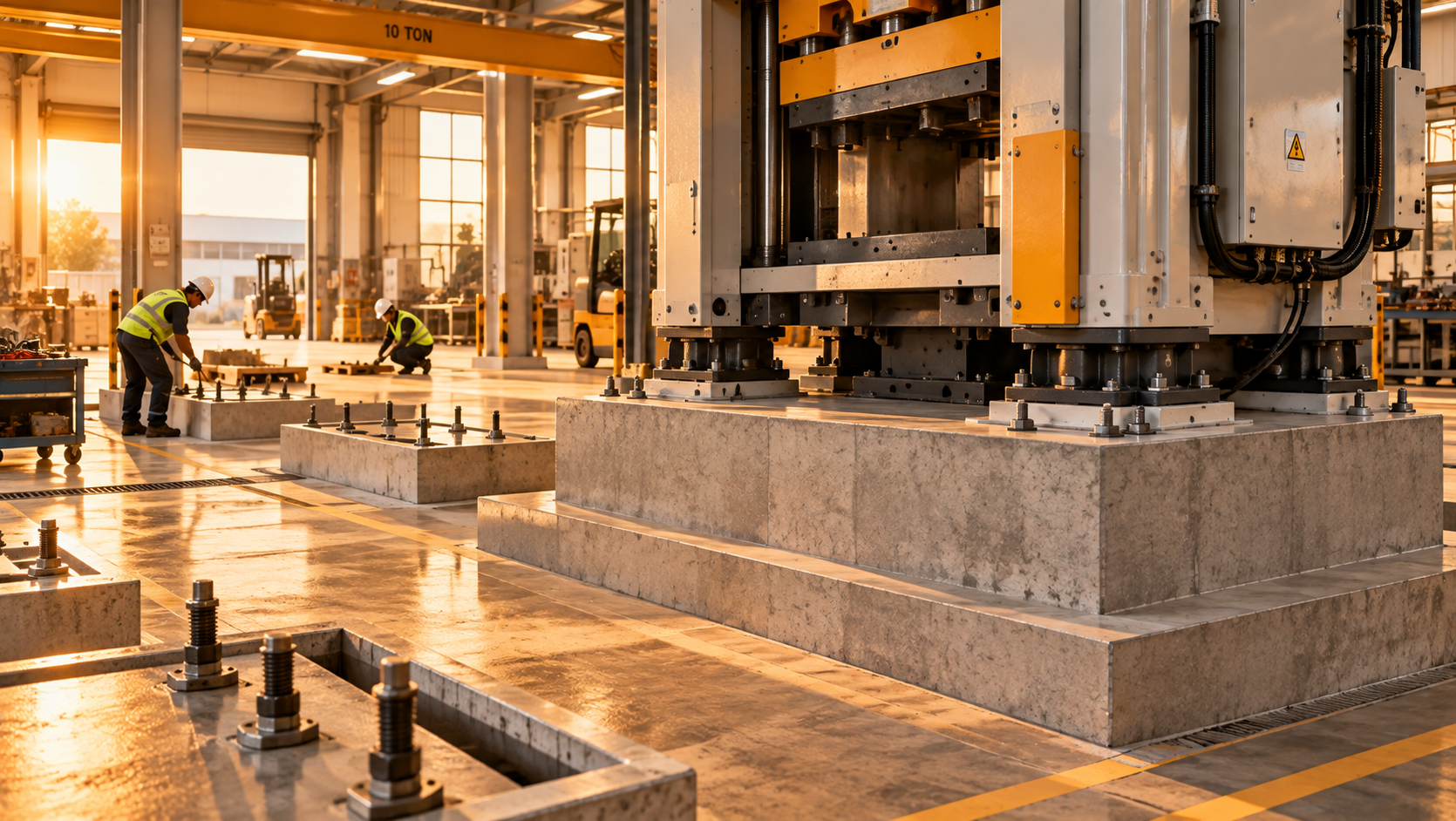 Fabrikada pres makinesinin altındaki beton kaide ve ankraj cıvataları, arkada çalışan iki işçi