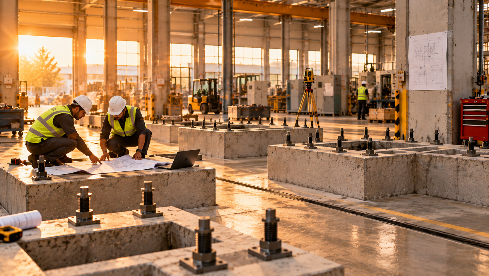 Fabrika içinde ankraj cıvatalı beton kaideler üzerinde projeyi inceleyen iki çalışan ve nivo cihazı