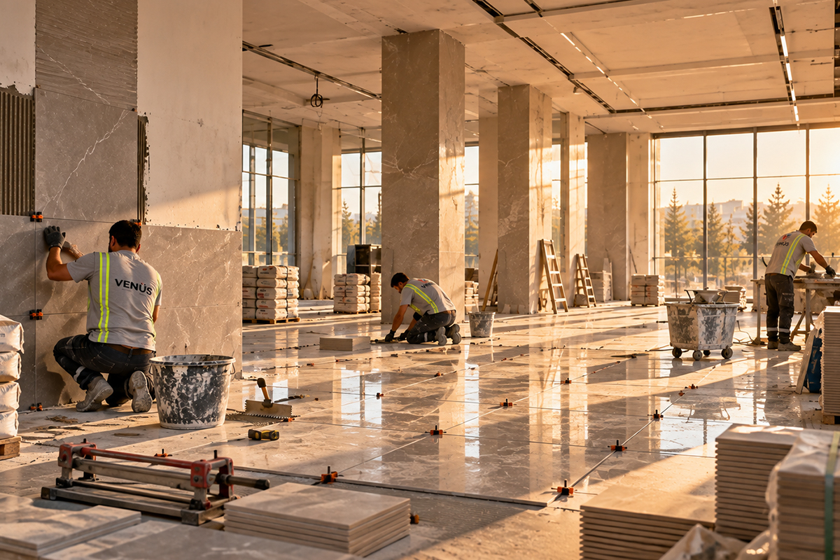 Venüs yazılı iş kıyafetli ustalar geniş bir ofis katında duvara ve zemine seramik döşüyor
