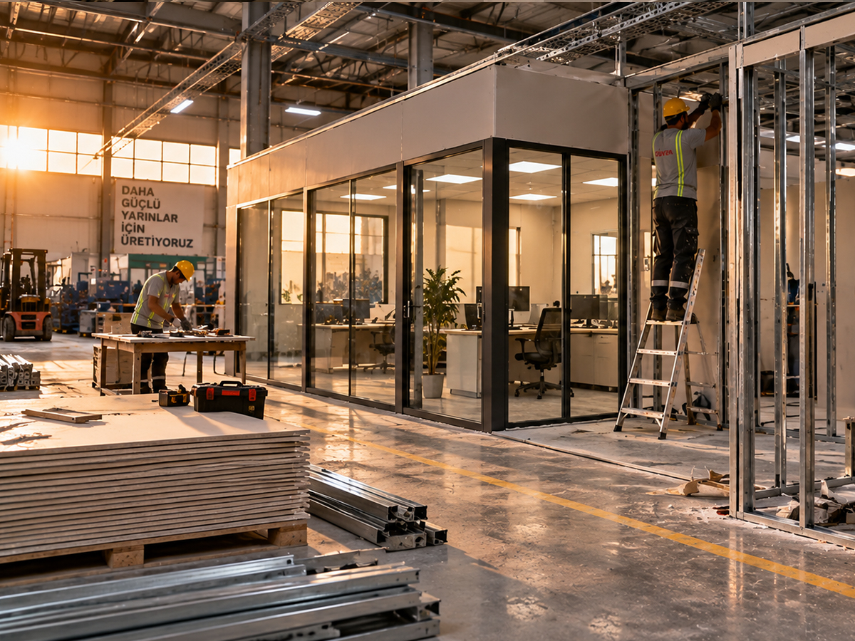 Fabrika içinde camlı alüminyum ofis bölmesi yapılıyor; işçi merdivende metal profil iskelete çalışıyor, önde alçıpan levhalar duruyor
