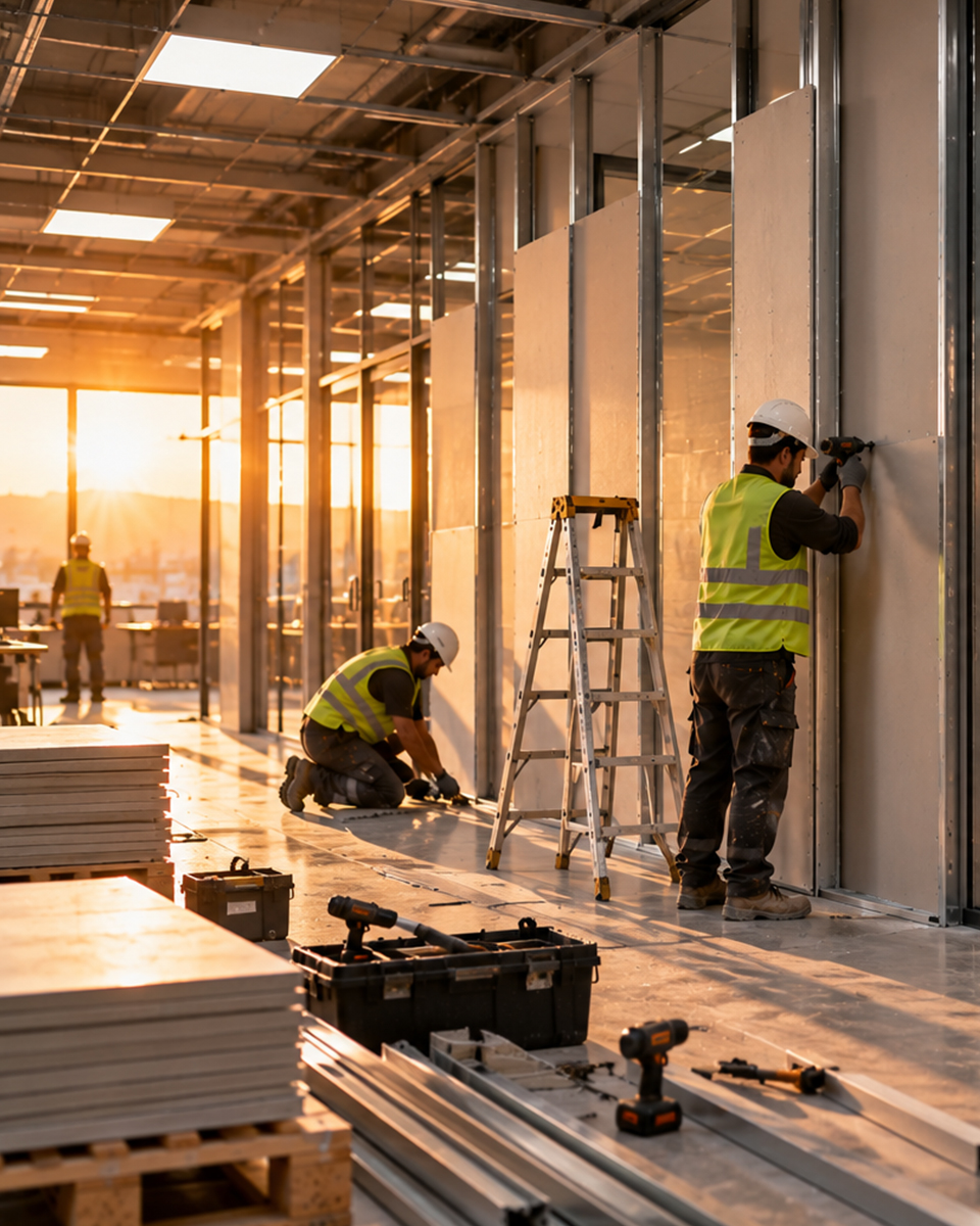 Fabrika ofisinde baret ve reflektörlü yelek giyen işçiler, metal iskeletli bölme duvara alçıpan panel monte ediyor
