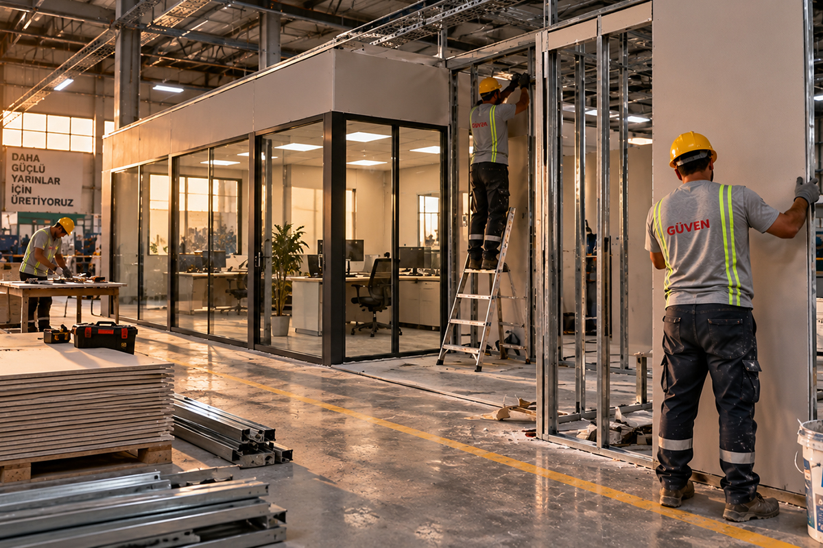 Çalışanlar fabrika içinde camlı ofis bölmesinin yanında alçıpan bölme duvar için metal profil iskeleti kuruyor.