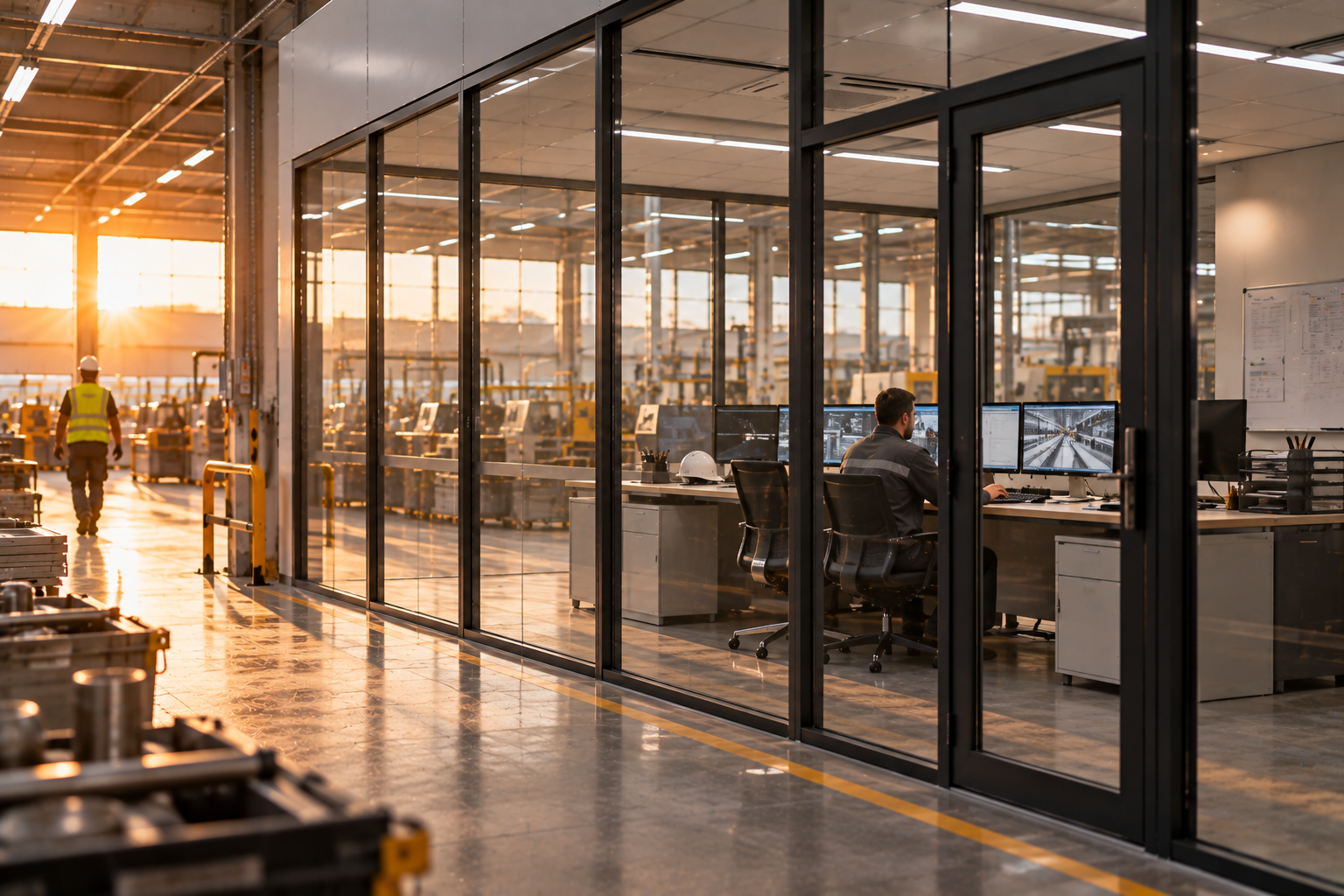 Fabrika üretim alanına bakan camlı bölmeli kontrol ofisinde ekranların başında çalışan personel