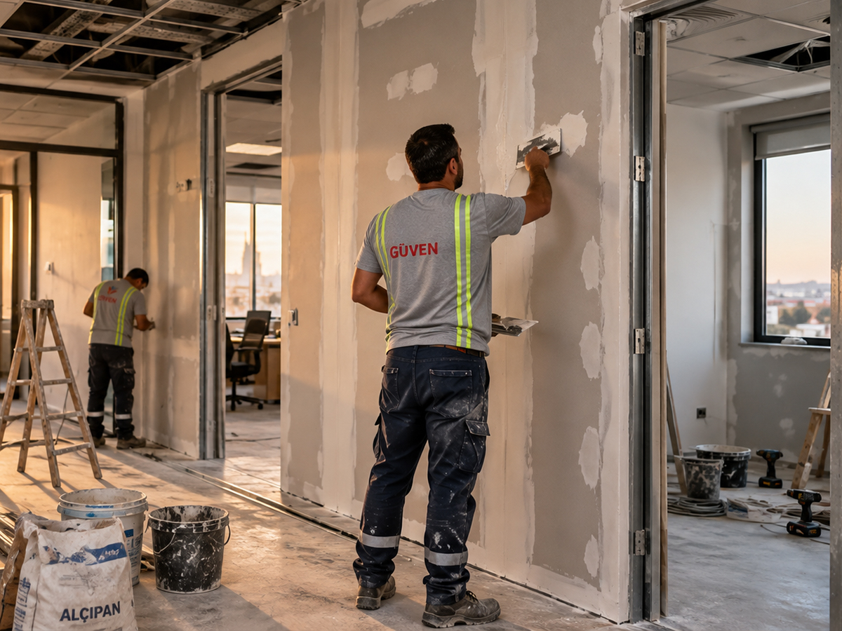 İşçi, ofis tadilatında alçıpan bölme duvarın yüzeyine mala ile alçı sıvası uyguluyor.