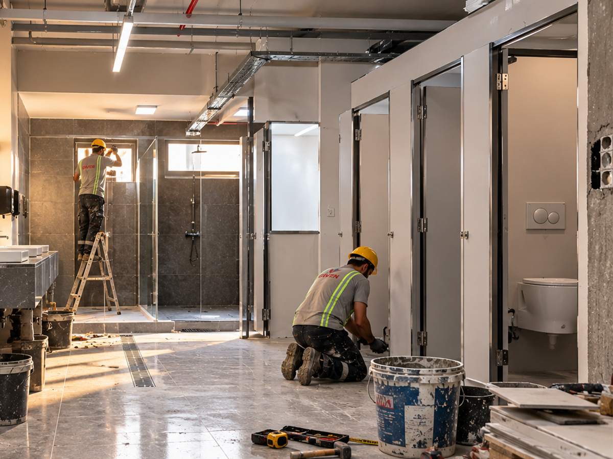 İşçiler, tadilat süren fabrika WC ve duş alanında tuvalet kabin kapılarını monte ediyor; arkada merdivenle duş bölümü çalışması var