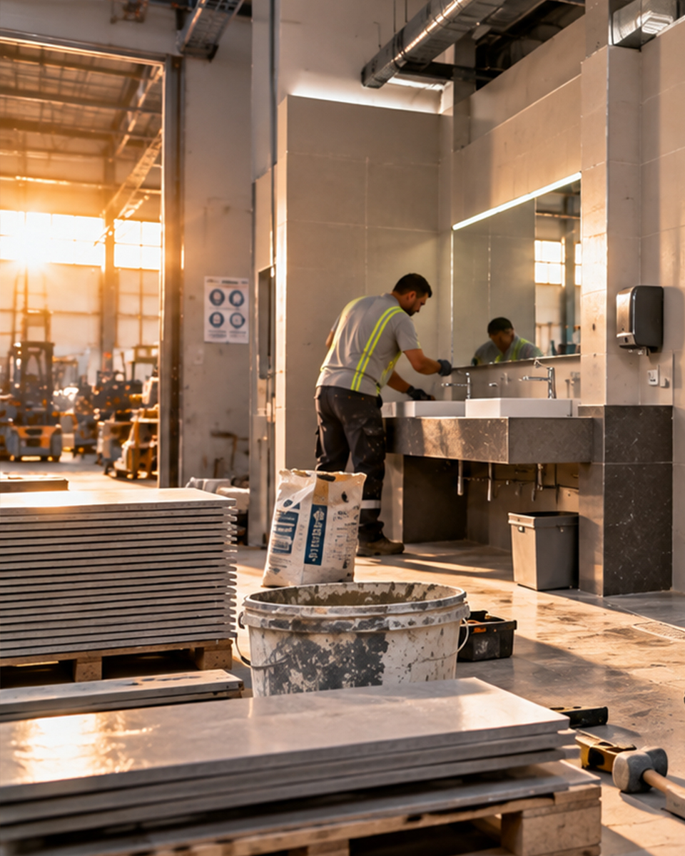 Fabrika içindeki ıslak hacimde işçi, lavabo tezgâhı çevresinde çalışıyor; önünde harç kovası, torba ve istiflenmiş kaplama plakaları var