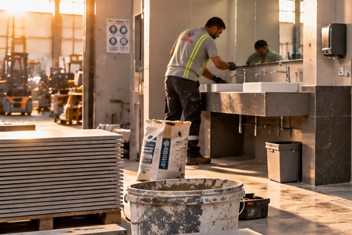 Fabrika içindeki tadilat alanında işçi, lavabo tezgâhında çalışıyor; önde harç kovası, torba ve yığılı levhalar duruyor