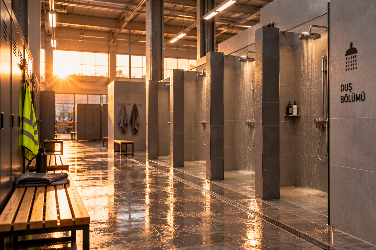 Fabrika duş bölümünde yan yana duş kabinleri, ıslak seramik zemin, gider kanalı, soyunma dolapları ve ahşap oturma bankları