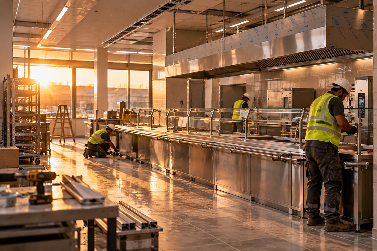 Fabrika yemekhanesinde paslanmaz servis tezgâhı ve davlumbaz çevresinde çalışan baret ve yelekli işçiler