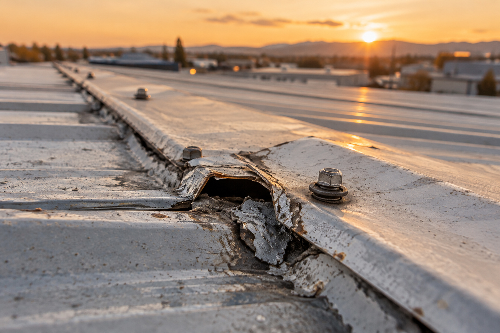 Fabrika çatısında bir sandviç panel birleşiminde paslanmış, bozulmuş ve açılmış metal kapak ile cıvatalar