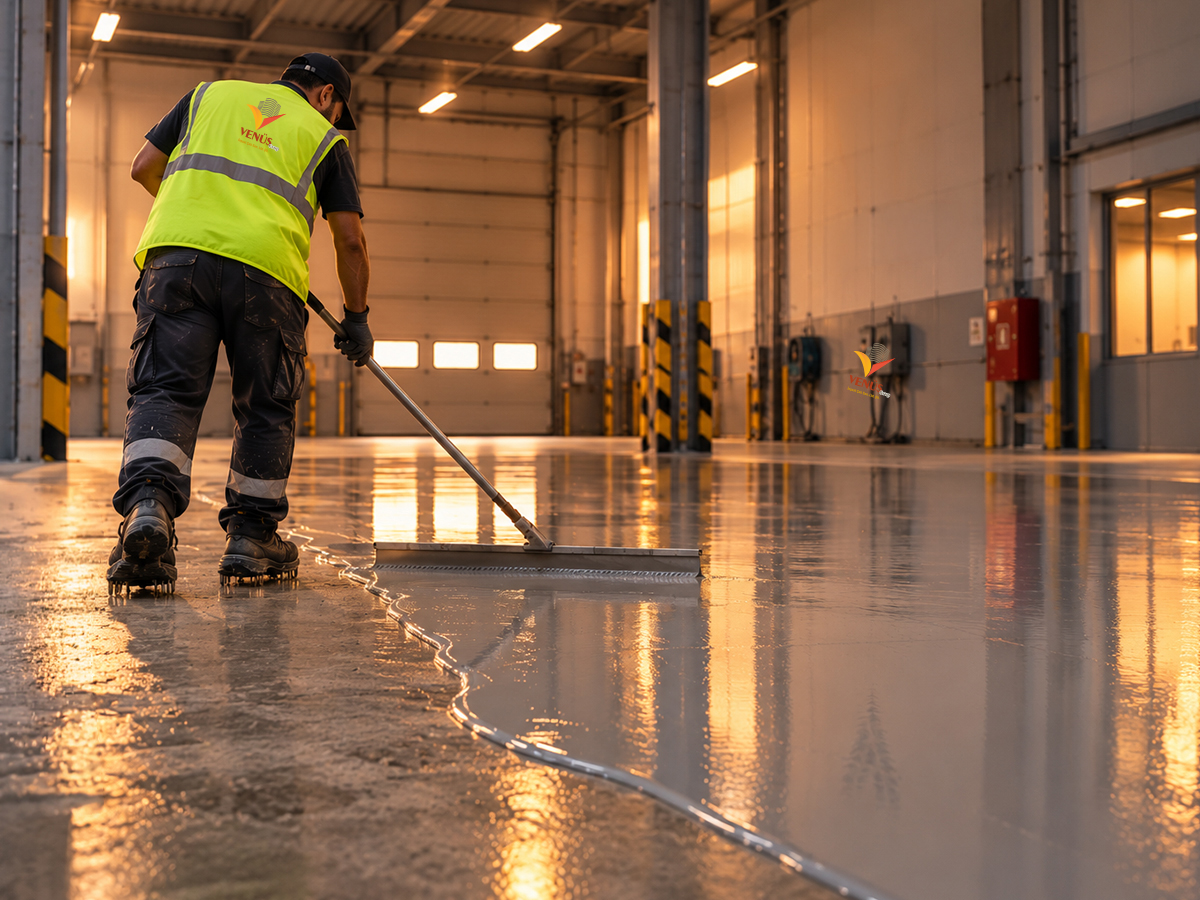 Fabrika depo içinde beton zemine çekme aparatiyle gri self leveling epoksi kaplamayı yapılıyor
