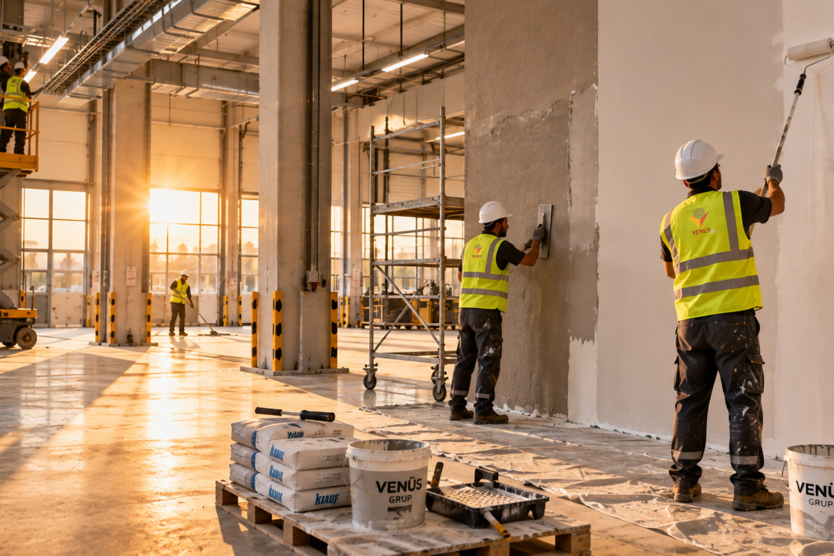 Fabrika salonunda iş güvenliği yelekli işçiler duvara sıva çekiyor ve rulo ile boya yapıyor; zeminde Venüs Grup boya kovaları var