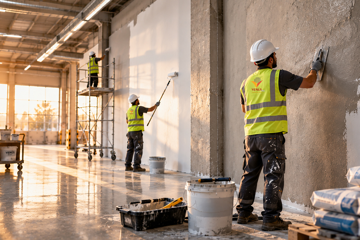 Fabrika iç mekânında iş güvenliği yelekli işçiler duvara mala ile sıva çekiyor, boya rulosuyla boyuyor ve iskelede çalışıyor