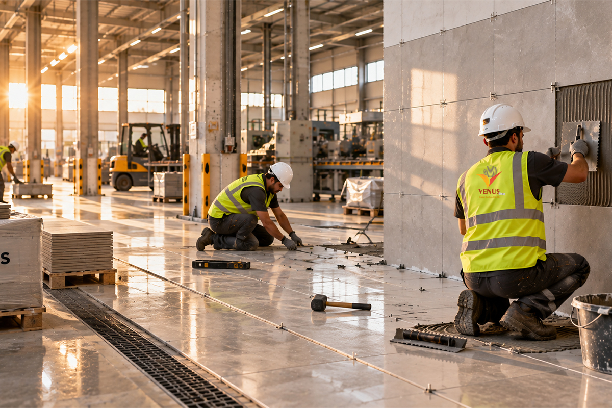 Fabrika içinde iki işçi zemine ve duvara seramik kaplama uyguluyor