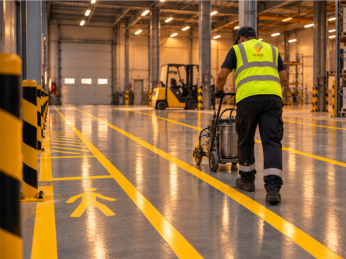 Reflektörlü yelek giyen çalışan, depoda parlak gri zemine sarı yol çizgilerini çizim makinesiyle uyguluyor; arkada forklift var