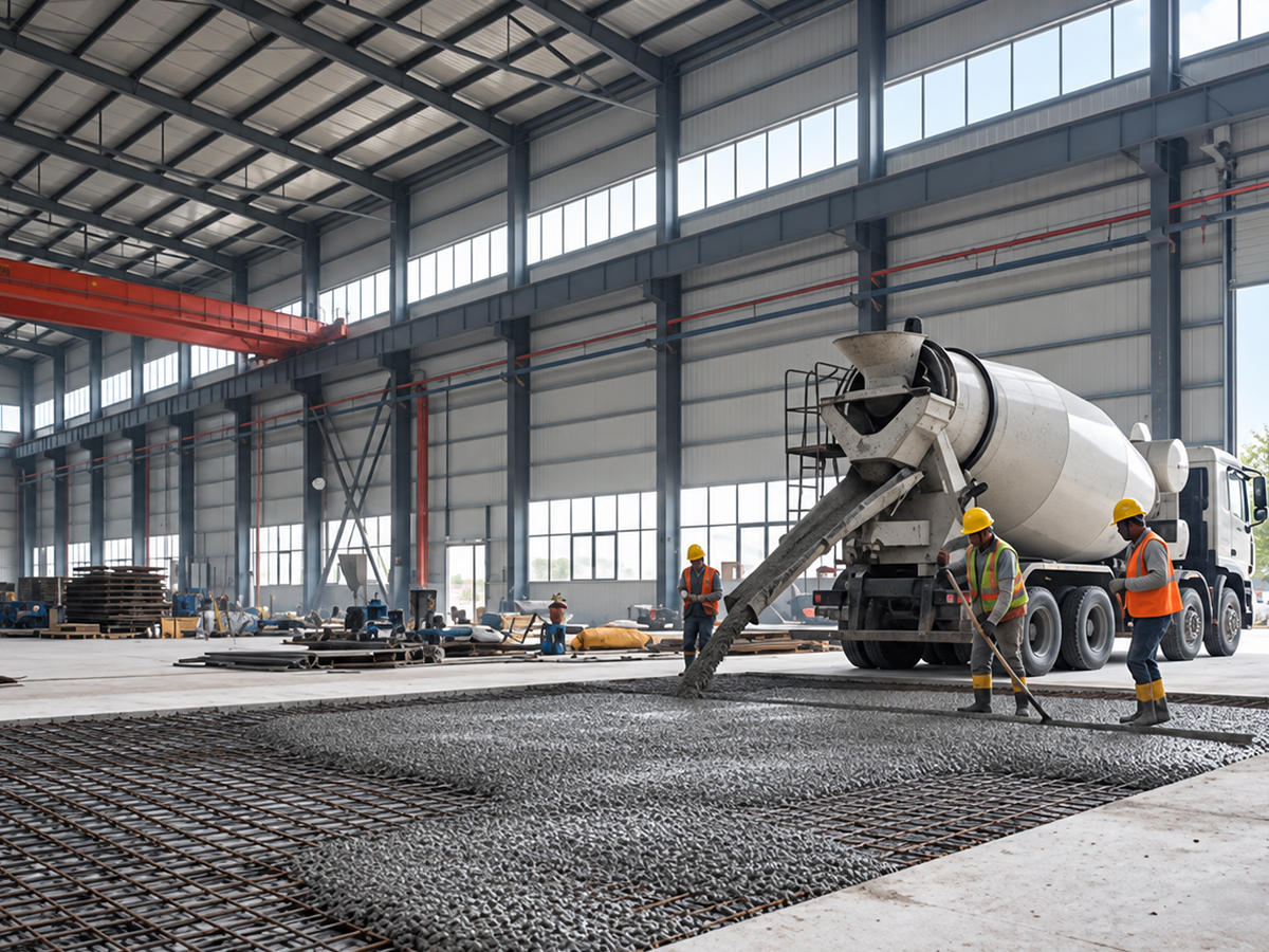Fabrika içinde beton mikseri, hasır donatı üzerine beton döküyor; baret ve yelekli işçiler betonu düzeltiyor