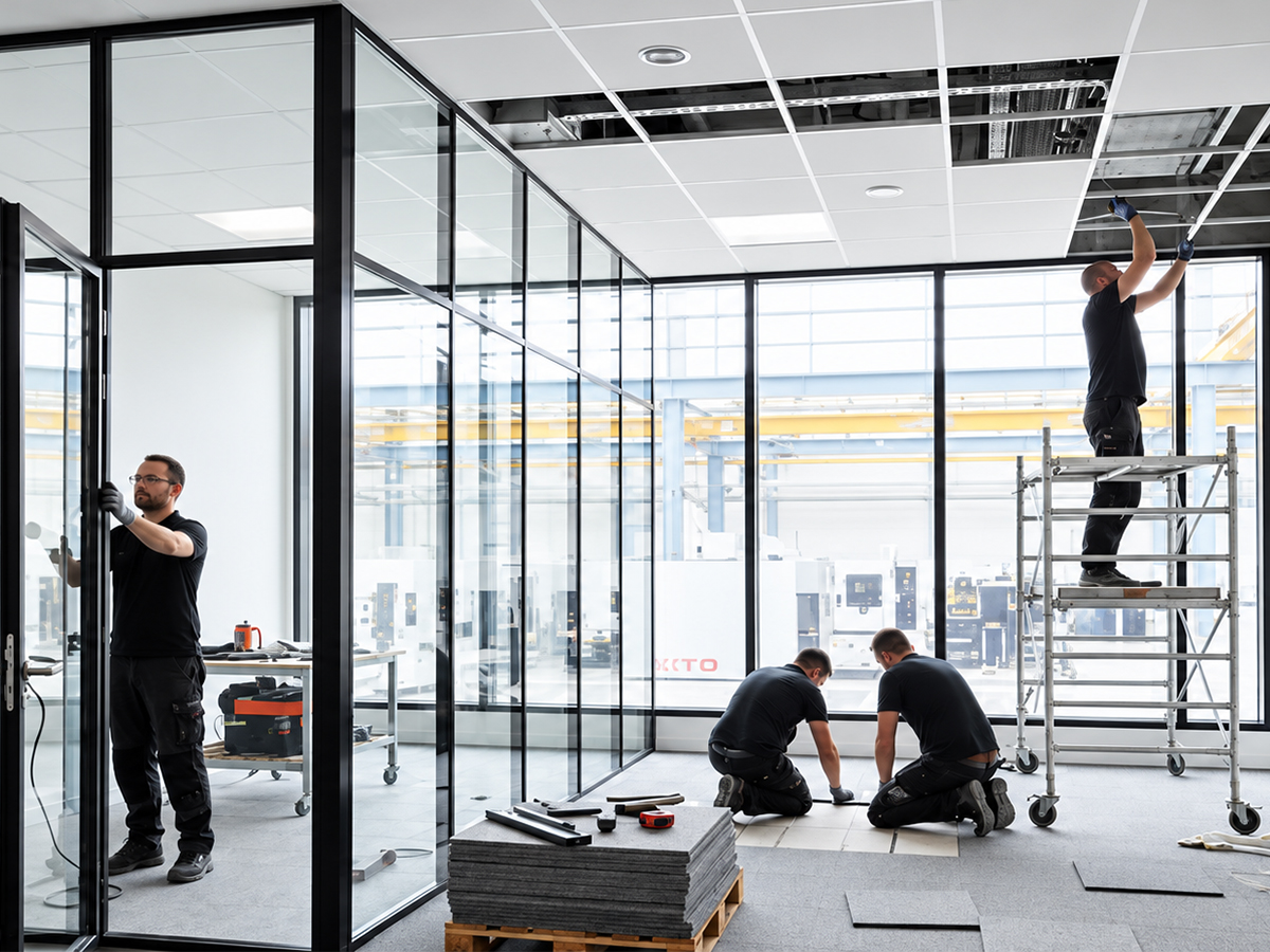 Fabrika içinde alüminyum bölme yapan işçiler
