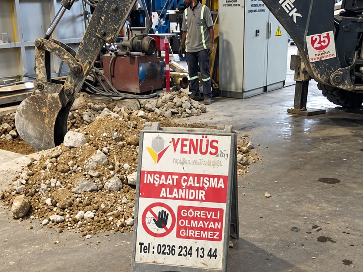 Fabrika içinde kırılan zemin ve moloz yığını önünde Venüs Grup 'İnşaat çalışma alanıdır' uyarı levhası, arkada kepçe ve işçi