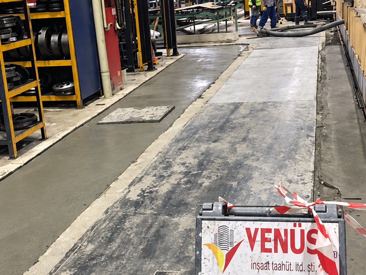 Fabrika içinde yeni dökülen beton zemin şeridi; önde Venüs İnşaat tabelası ve bariyer bandı, arkada çalışan işçiler ve hortum