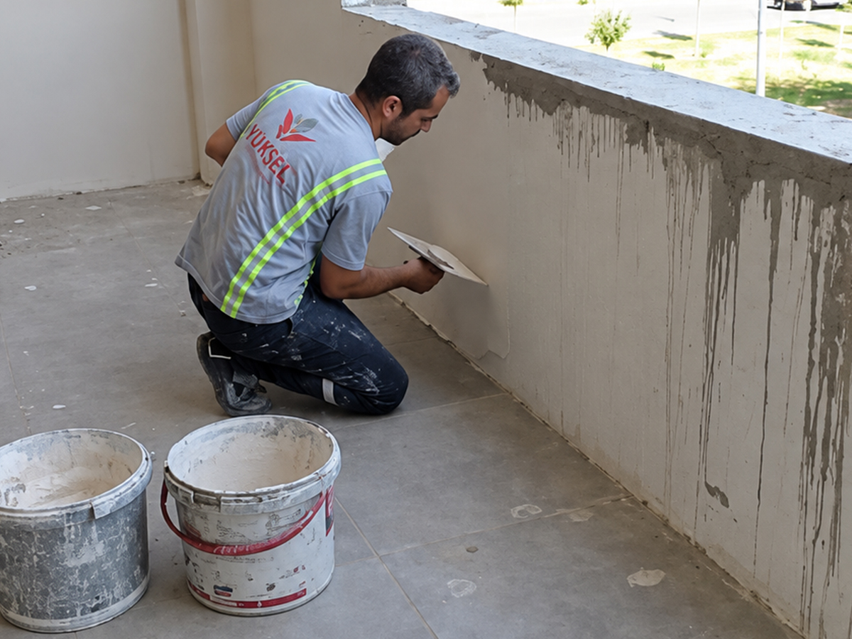İşçi, balkon benzeri bir alanda sıva uygulaması yapıyor