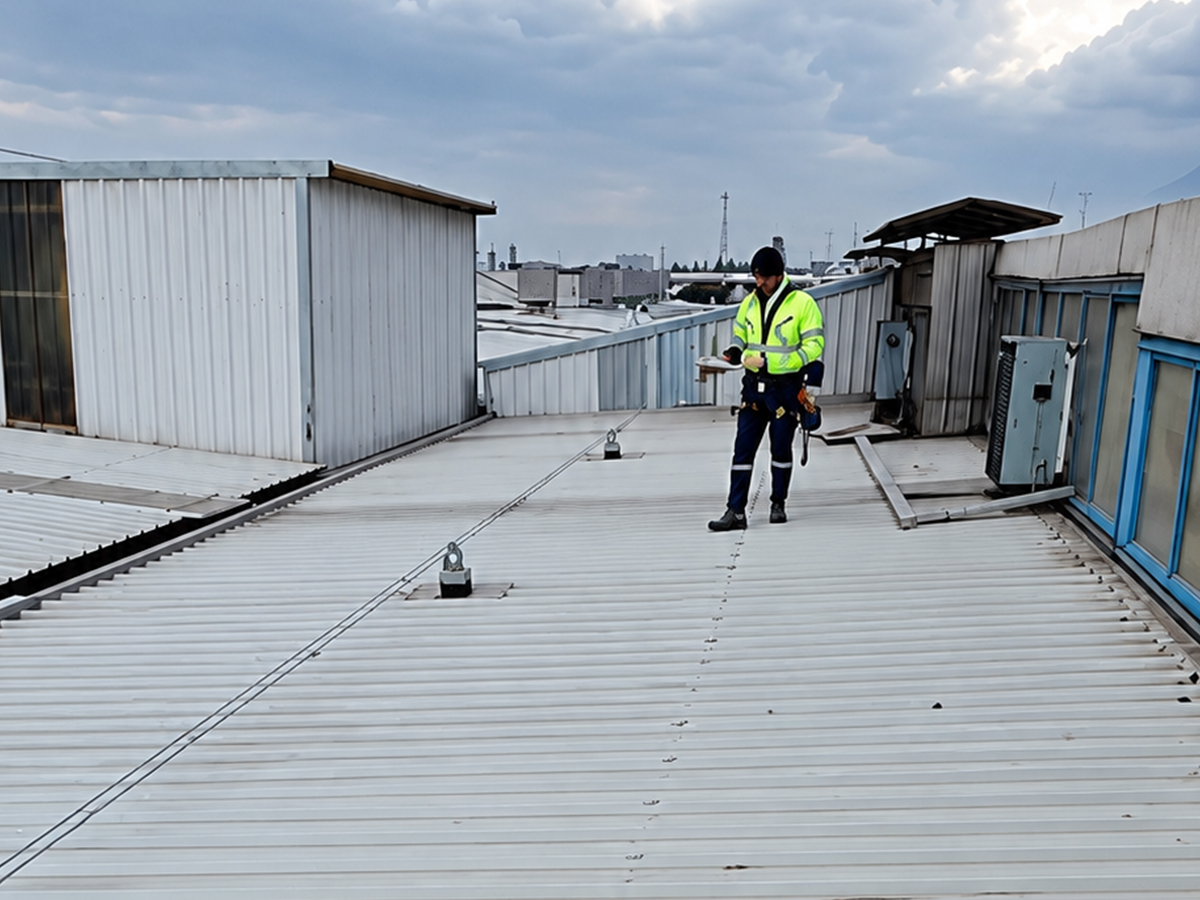 Fabrika çatısı bakım onarım keşfi yapan işçi
