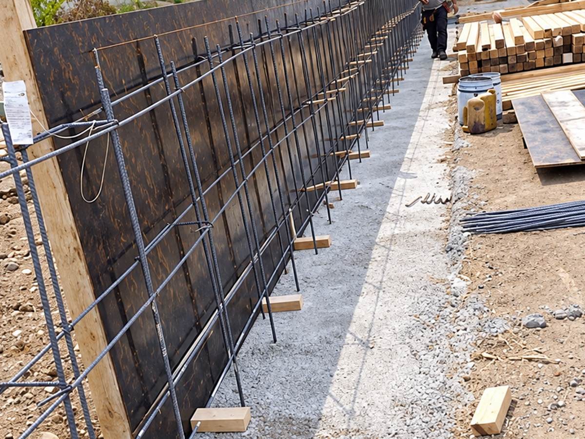 Beton saha imalatında kalıp panelini tutan demir donatılar, çakıl zemin ve arka planda yığılmış kereste ile yürüyen bir işçi