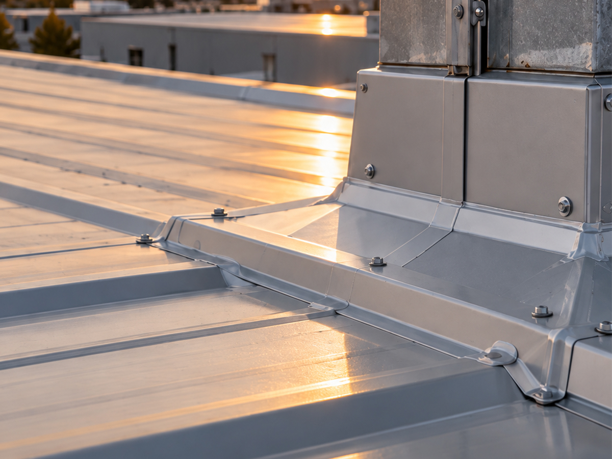 Gün batımında endüstriyel çatıda metal panel birleşimi ve cıvatalı galvaniz sac su yalıtım detayı, arkada fabrika binaları